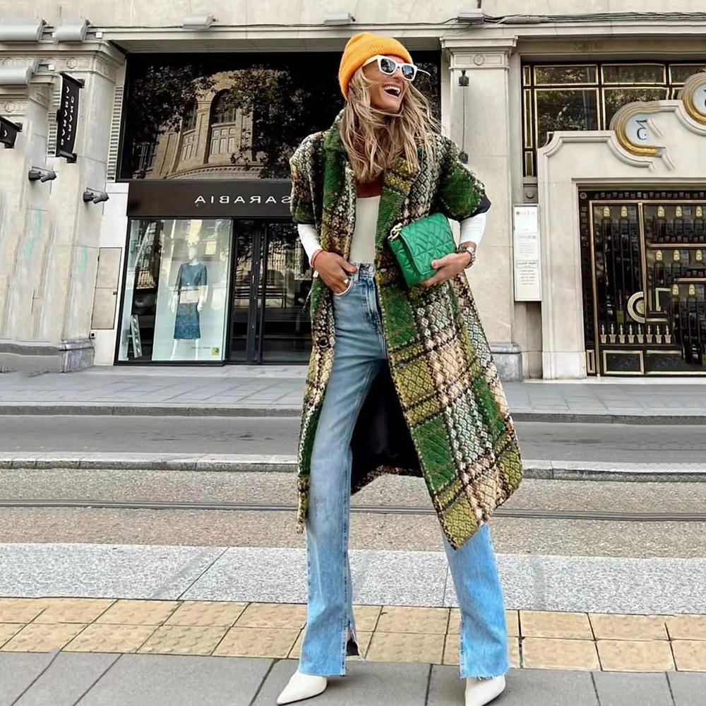 Women's Clothing Autumn and Winter New Women's Fashion Long Sleeve Lapel Jacket Printed Tweed Long Coat_ipsvogv.com