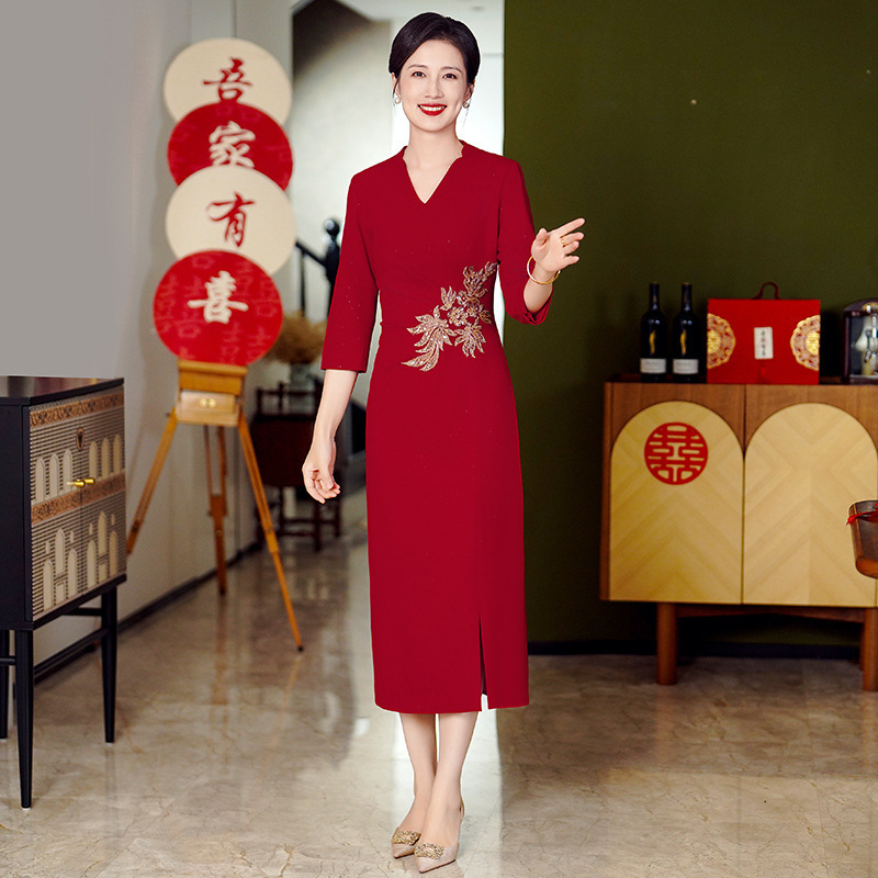 喜婆婆婚宴装婚礼妈妈中式礼服女春装高贵丈母娘旗袍连衣裙中长款|undefined