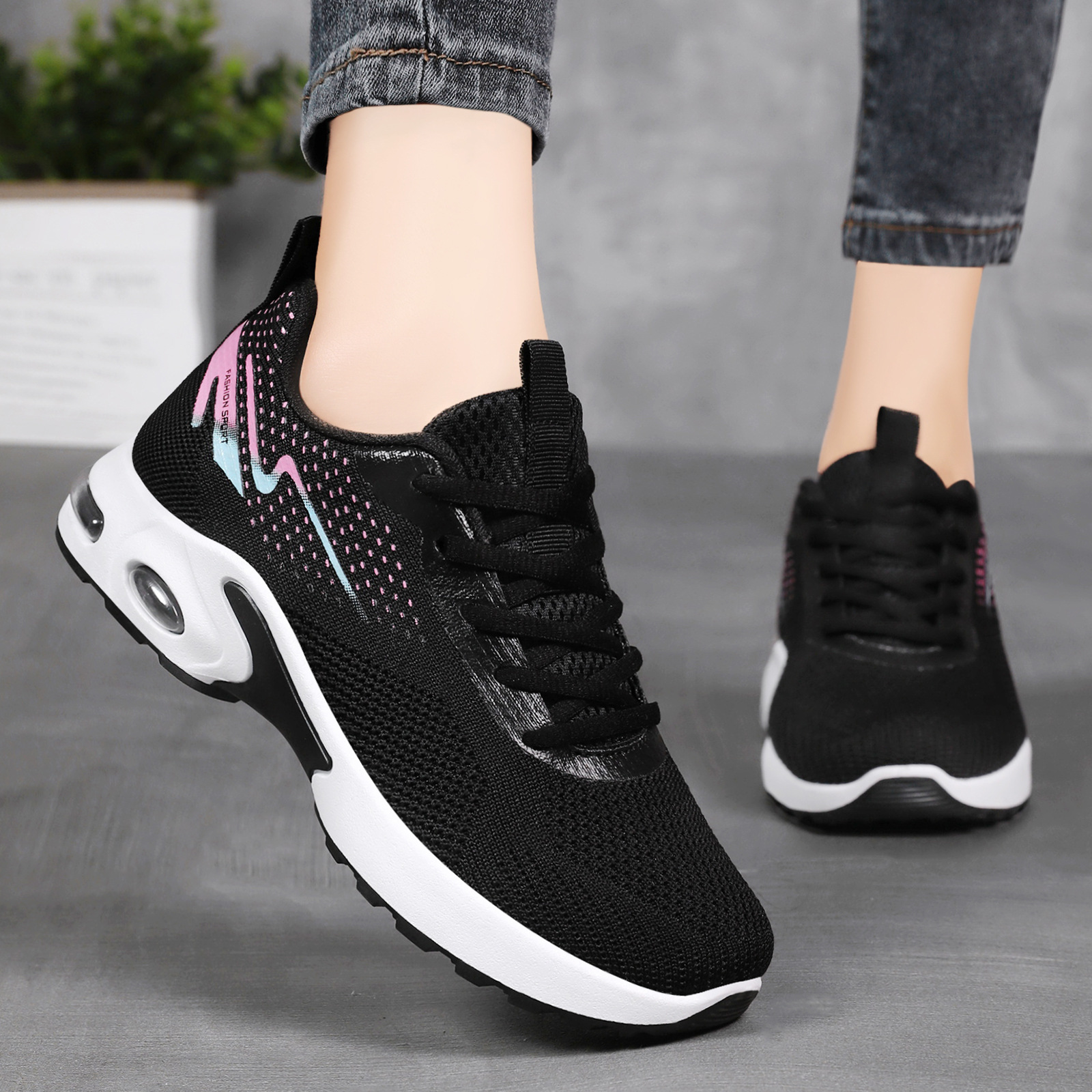 Zapatos de mujer nuevos zapatos deportivos con cojín de aire, zapatos de carrera de suela gruesa transfronterizos, zapatos de malla de tela de vuelo, zapatos de mujer