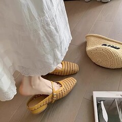 グレープママと同じスタイル〜2025レトロ織り中空スクエアトゥワンストラップ太いヒール多用途ミュールハーフスリップ女性用春夏