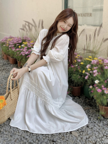 French-style vacation dress, summer Korean-style, artistic, gentle temperament, waist-cinching, slimming long dress, fairy-like