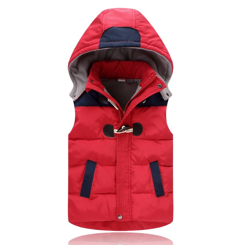 2024 otoño e invierno ropa infantil cuerno hebilla engrosada chaleco de niño estilo británico comercio exterior niños abajo chaleco de algodón con capucha fuera