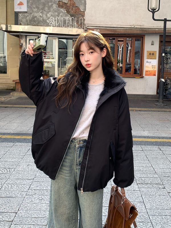 国潮座山毛绒连帽毛领棉服2025冬季设计感加厚时尚棉衣派克服外套|undefined