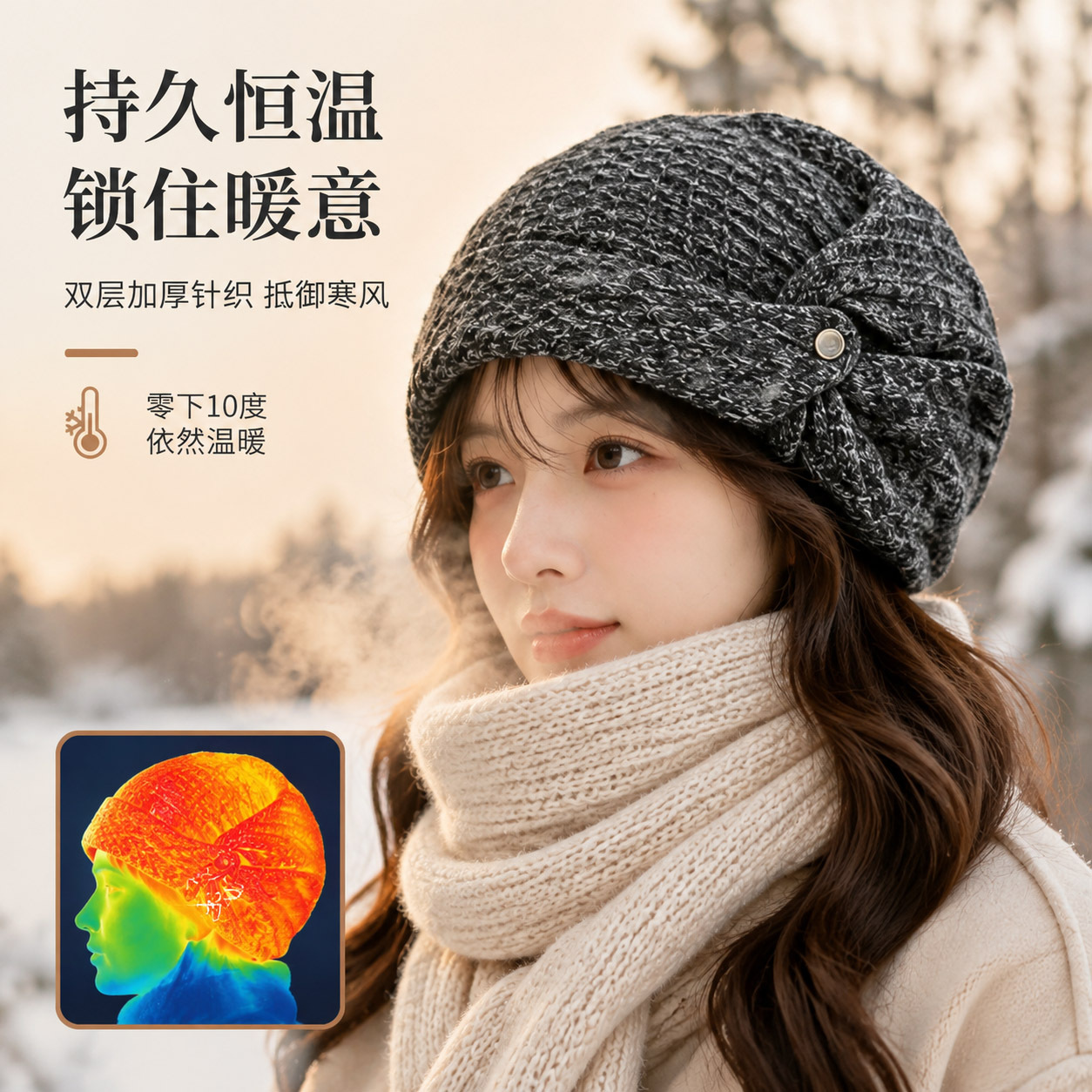 韩系复古扭结针织帽加绒保暖护耳秋冬帽子立体褶皱显瘦毛线帽