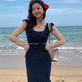 气质女主夏春新款荷叶边短袖连衣裙女性感露背波点中长裙复古显瘦