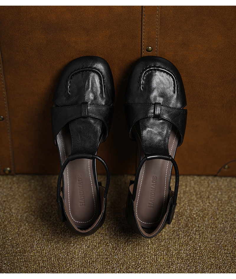 Dép sandal nữ da bò kiểu retro quai chữ T, mũi kín, gót thấp — màu nâu chi tiết 12