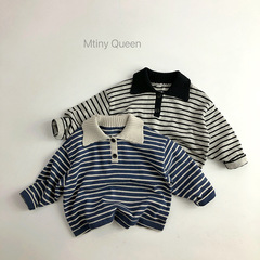 Must-have Polo shirts~Contrast color stripes~Korean version of spring and autumn children's sweaters, fashionable men and women's trendy sea soul knitted forest series