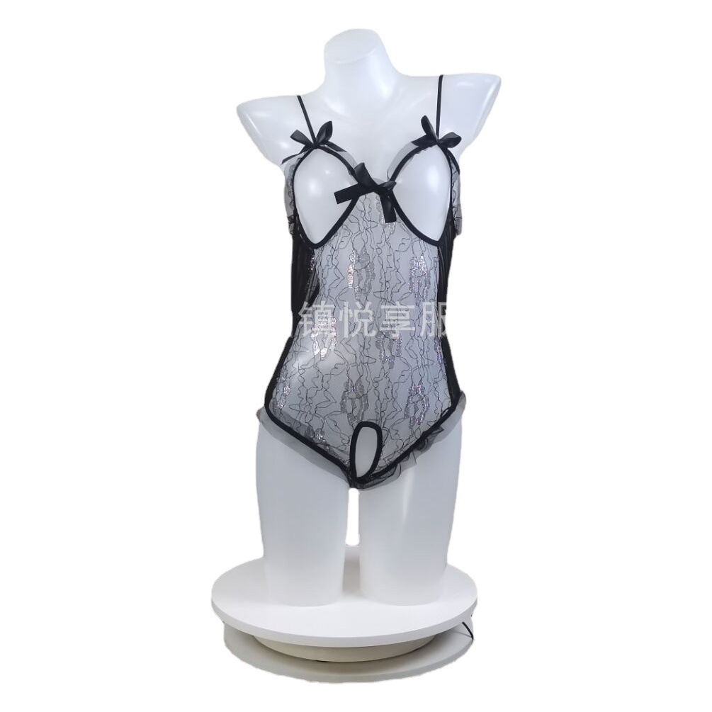 Europa y América encaje sexy pijamas Sling malla mono apretado lencería sexy traje plata seda tentación al por mayor