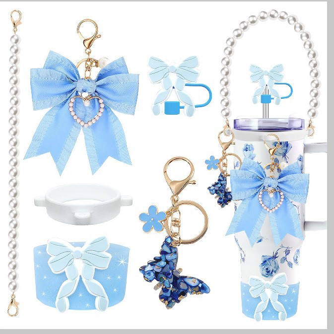 Accesorios de taza Stanley colgante de cuerda de mano flor de silicona gorra de paja de peluche colgante de taza cadena de taza de color cubierta de taza