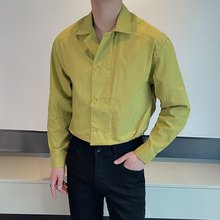 轻熟风双排扣古巴领设计感长袖衬衣男纯色条纹宽松版慵懒潮流衬衫