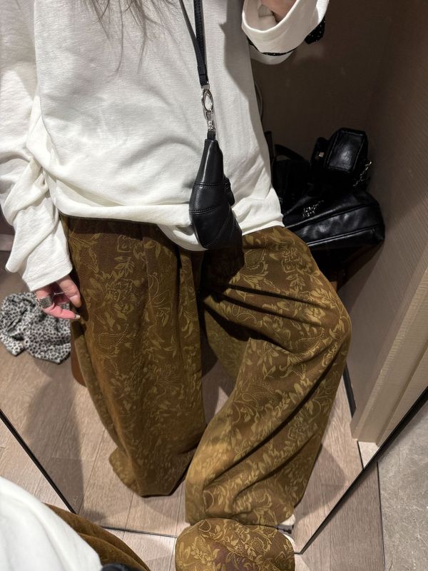 复古水洗印花阔腿裤女2025秋装新款慵懒风宽松显瘦休闲裤长裤子|undefined