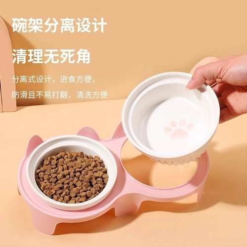 Cat bowl ceramic cat food bowl cat bowl dog bowl food bowl pet oblique mouth protection cervical spine prevent overturning double bowl drinking water
