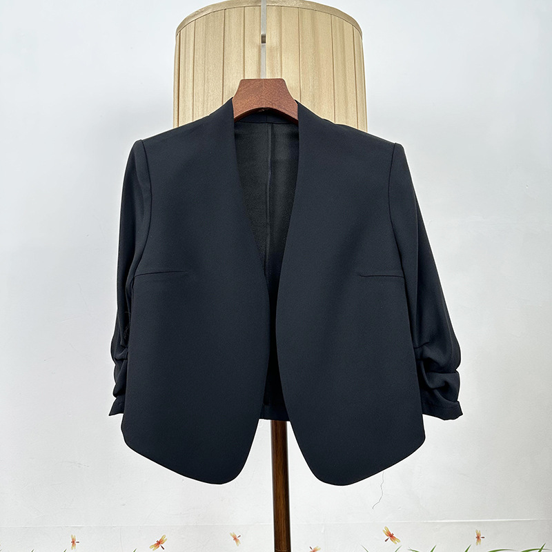 Shoulder Pad Collarless Acetate Linen Small Suit for Women Summer Elegant Work Clothing Simple Buttonless Cardigan with Short Suit Jacket