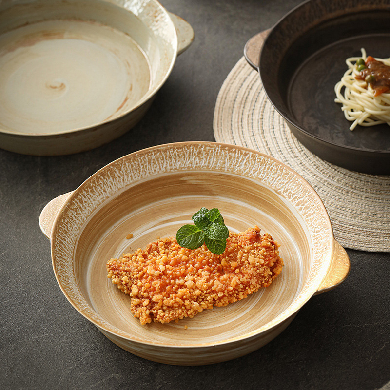 Japanese-style Stoneware Double-ear Dinner Plate Household Large-size Deep Plate Spaghetti Western-style Steak Plate Ceramic Hand-made Plate