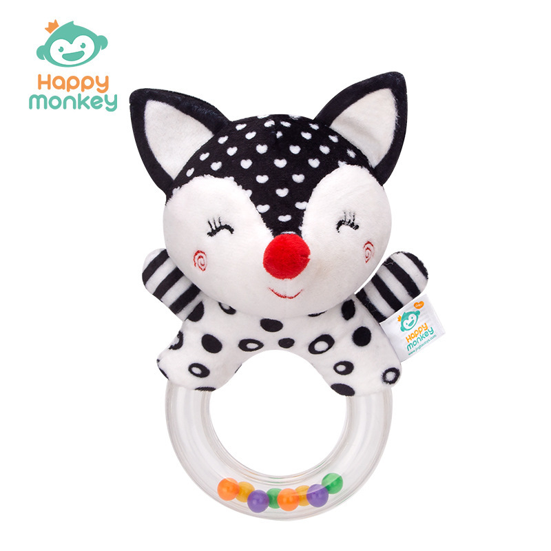 Sonajero de mano redondo blanco y negro para recién nacidos Happymonkey, juguete para bebés con cuentas coloridas, sonajero para bebés de 0 años, juguete para agarrar.