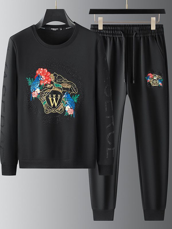 Men's casual sports suits, new autumn styles, European goods, beauty head sequins embroidery, trendy brand, pullover sweater, two piece suit_voghion.com