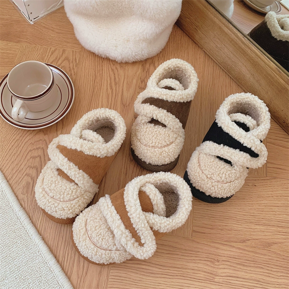 Мокасины на липучке, осенне-зимние модные креативные теплые домашние детские хлопковые тапочки в стиле ретро для девочек