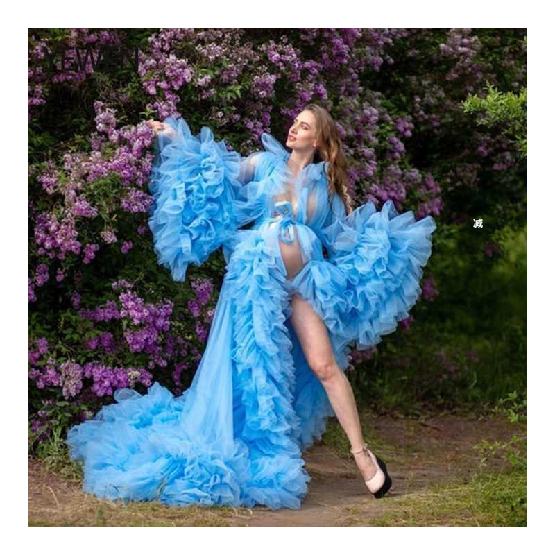 Foreign trade hot selling trailing mesh bathrobe bridal morning gown three-dimensional pleated long sleeve cardigan maternity dress shooting dress Foreign trade hot selling trailing mesh bathrobe bridal morning gown three-dimensional pleated long sleeve cardigan maternity dress shooting dress