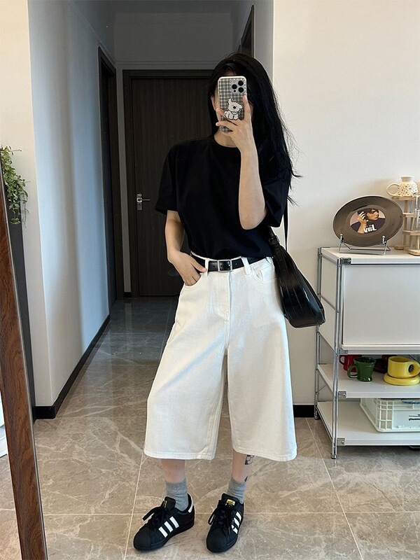 White High-Waisted Wide-Leg Cropped Jeans 2026 Straight Drapey Versatile Summer Women's Casual Loose Cropped Pants