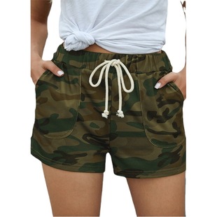 2023 Amazon European and American Summer Women's New Casual Lace-up Camouflage Shorts Mid-waist Loose Straight Beach Pants