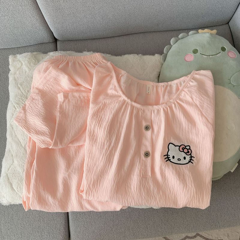 春秋季圆领云朵棉睡衣女款长袖长裤卡通KT猫学生少女家居服套装|undefined