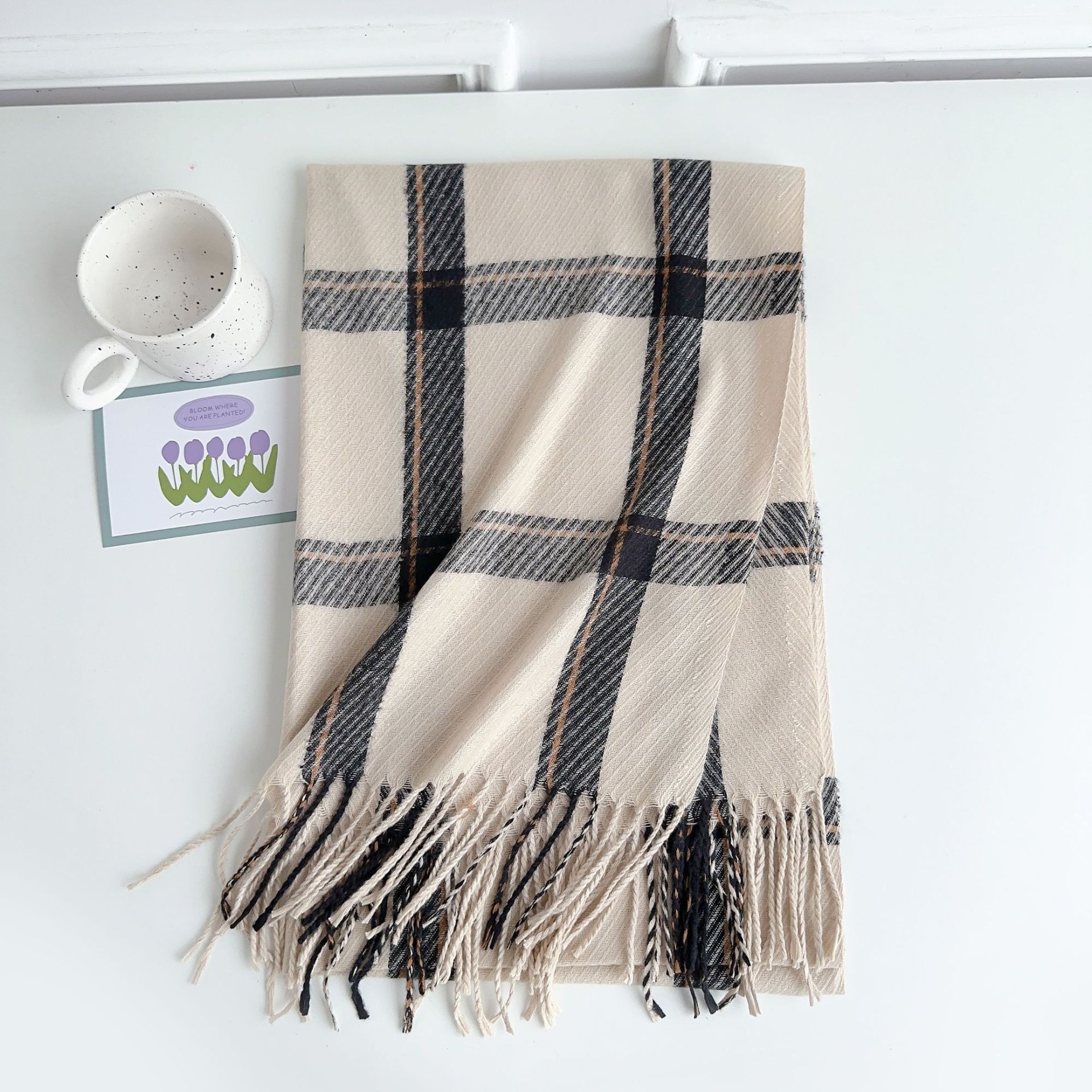 Bufanda de Otoño 2025 para Mujer, Estilo Coreano y Japonés, Retro, Imitación de Cachemira, Cálida, con Flecos, a Cuadros, Versátil, Delgada, para Primavera y Otoño