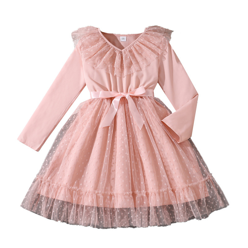 Robe princesse pour filles, nouvelle collection automne 2024, douce robe à manches longues en dentelle épissée, jupe féerique, vêtements pour enfants de taille moyenne et grande_voghion.com