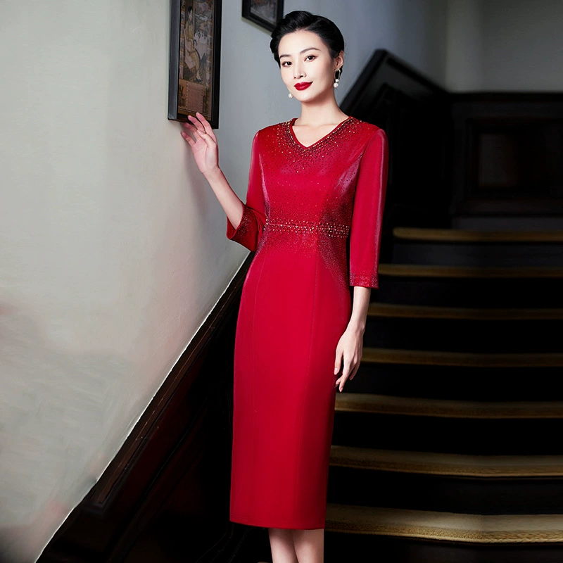 Весенне-осеннее свадебное платье Cheongsam для матери в китайском стиле, улучшенное праздничное платье с v-образным вырезом, длинное платье благородной свекрови.