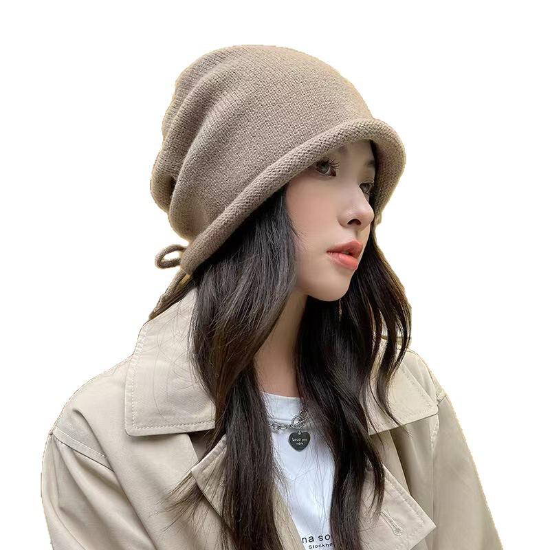 堆堆帽子女秋冬季卷边百搭保暖防寒针织大头围护耳针织抽绳包头帽|undefined
