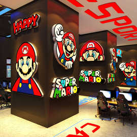 玛丽马里奥电脑房竞墙面装饰背景贴挂画亚克3d立体雪弗板网吧