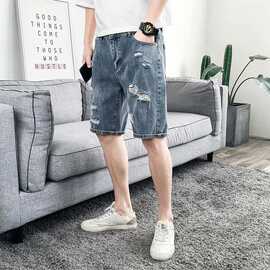 夏季薄款牛仔短裤男士五分裤潮牌潮流宽松直筒破洞5分裤中裤马裤