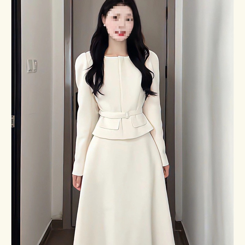 设计感时尚白色收腰长袖上衣外套女秋季新款宽松显瘦半身裙两件套|undefined