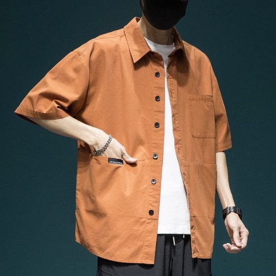 High-grade Orange Japanese Style Short-sleeved Shirt Men's Summer New Loose plus size Workwear Shirt Puffy Handsome Lapel Top