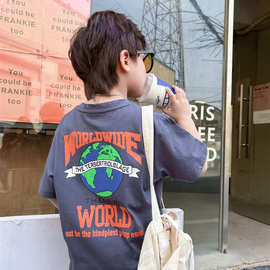 男童短袖t恤 白色地球前后印花宽松半袖内搭打底衫上衣洋气夏