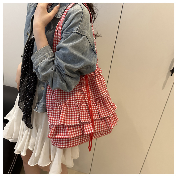 カレッジスタイルの女性用トートバッグ 2025 新作蓮の葉格子ショルダーバッグ シンプル通勤多用途キャンバスバッグ スクエア|undefined