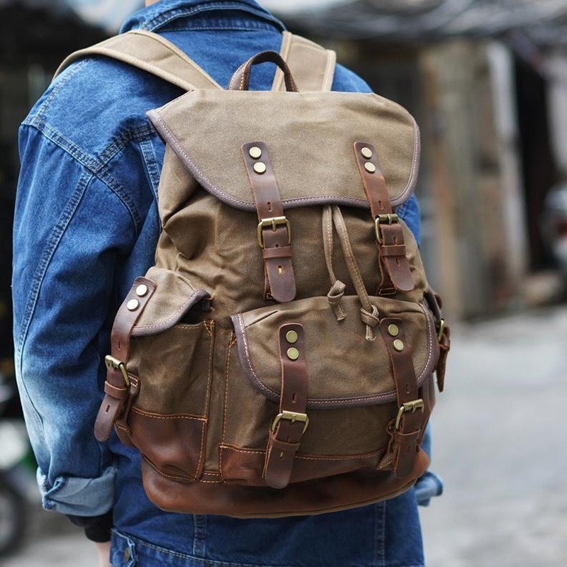 Nuevo clásico europeo y americano réplica Pimienta Sal mochila vintage lona cuero hombres mochila de gran capacidad bolsa de viaje