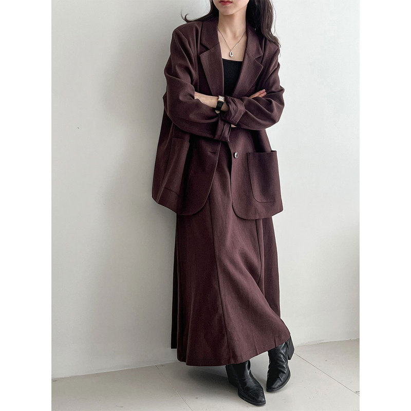 Lushi Korean Basic Casual Linen Suit + Skirt Women's Autum New Commuter Elegant Silhouette Suit 3707