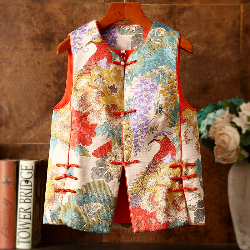 Mujeres brocado de cuello de corazón Jacquard chaleco sin mangas chaqueta chaqueta chaqueta chaqueta estilo chino bordado tridimensional