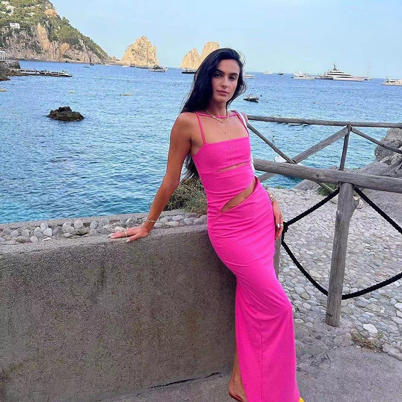 Fashion Solid Color Collarless Sleeveless Slit Hollow Out Backless Spandex Polyester Dresses Maxi Lo