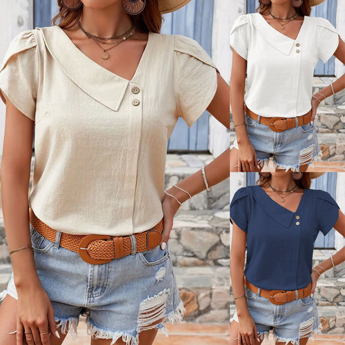2025 Spring/Summer European and American Women's Fashion: Casual, Slim-Fit Knitted Short-Sleeve Shirt with Slanted Neckline