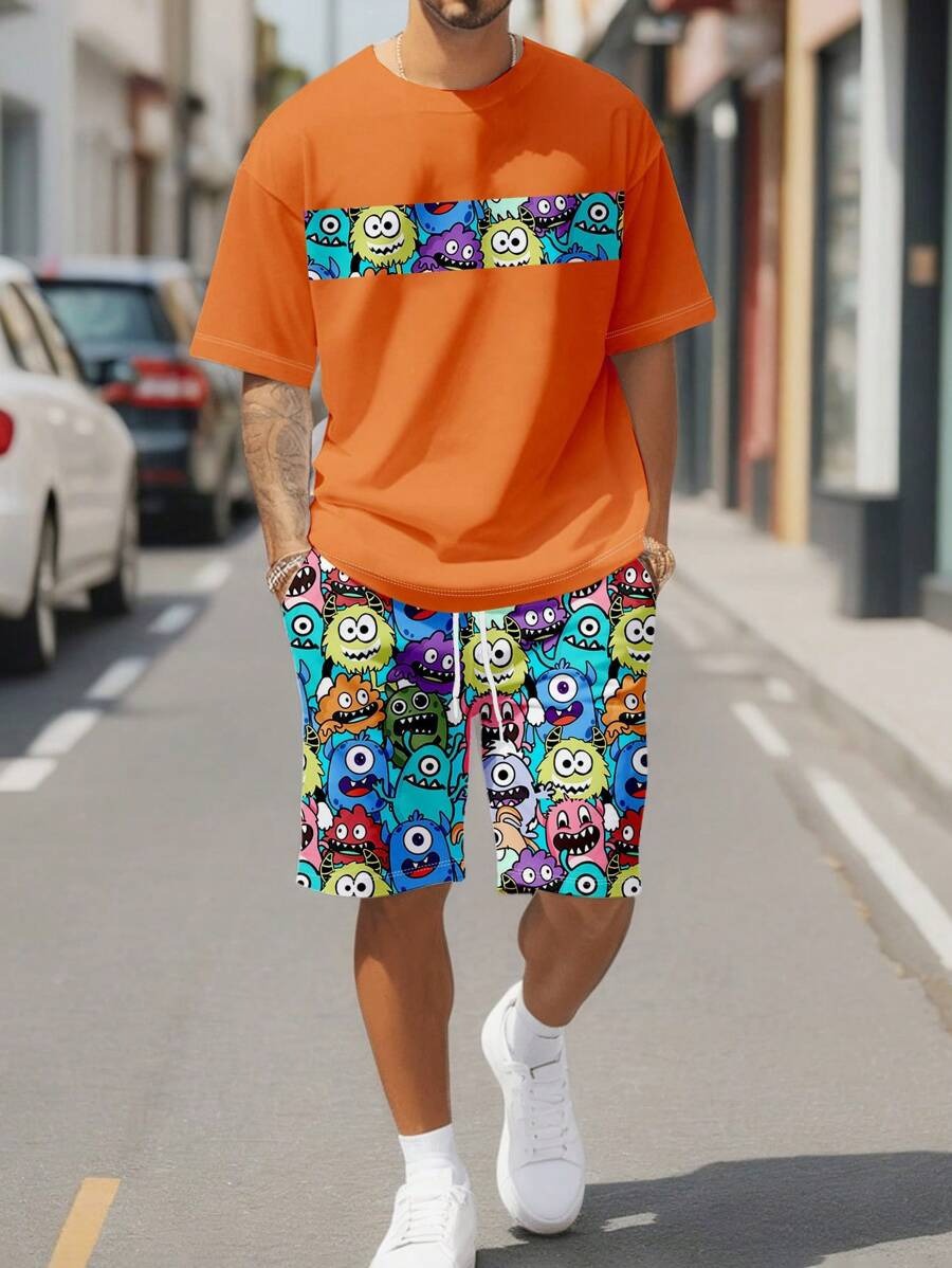 Diseño de personalidad patrón de letras de dibujos animados verano nuevo estilo calle ropa casual suelta traje de hip-hop americano ME13