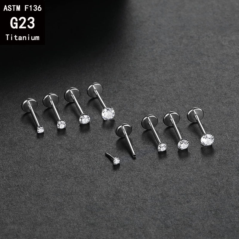 G23 Titanium Four-Claw Inlaid Zircon Inner Tooth Lip Nail Internal Thread Ear Stud, 1.2mm x 14mm, 8mm Top detail image 11