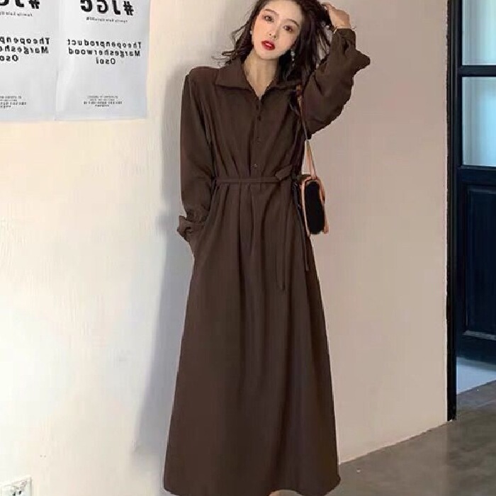 Hepburn-style autumn and winter Korean version black new waist-cinching slimming long dress for women, classic versatile shirt-collar dress