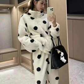 跨境波点睡衣套装加厚加绒大码珊瑚绒立领家居服可外穿保暖外套