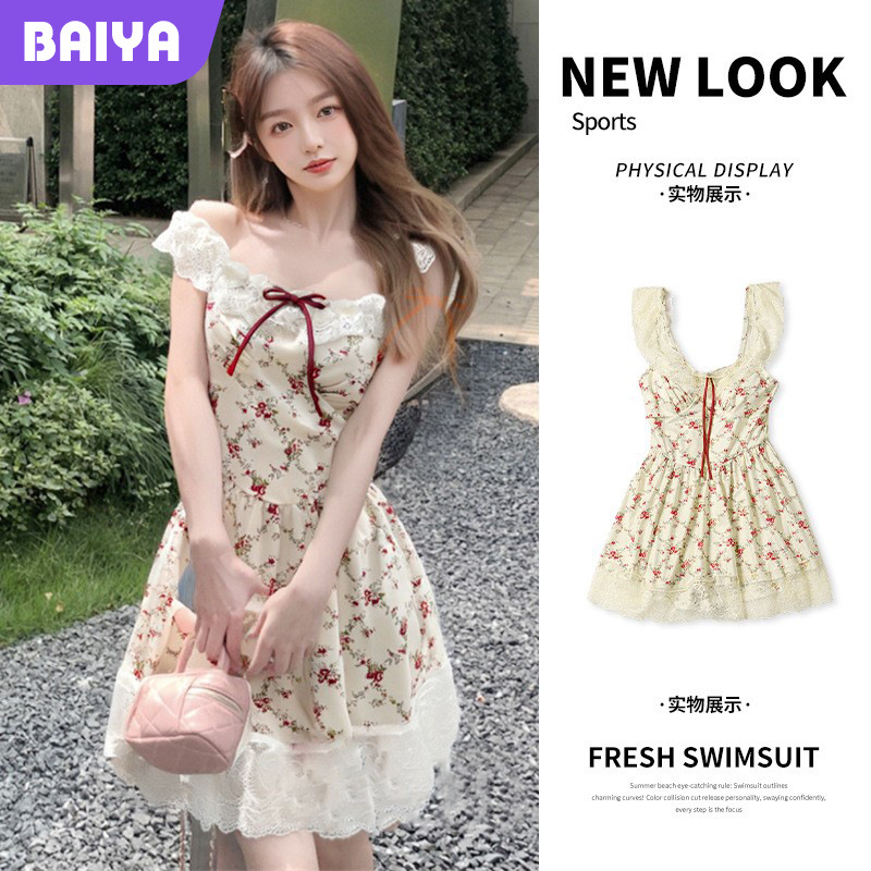 2025 nuevo estilo estilo pastoral pequeño traje de baño fresco mujer de una pieza pequeño floral francés dulce que cubre la carne delgado traje de baño al por mayor