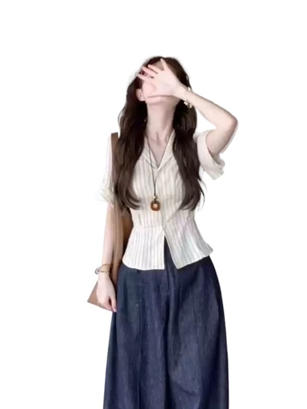 纯欲风套装女2025夏季新款韩系洋气绑带收腰条纹衬衫阔腿裤两件套|undefined