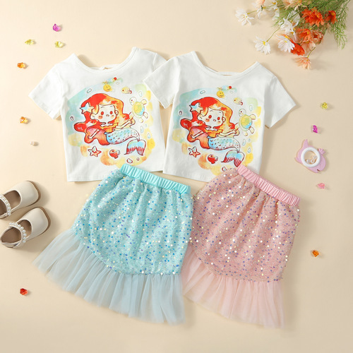 Girls' Summer Costume Cartoon Mermaid T-Shirt with Glitter Fish Tail Skirt Princess Dress Two-Piece Set Foreign Trade Children's Clothing