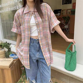 韩版hiphop复古撞色格子短袖衬衫女夏季宽松oversize情侣百搭衬衣