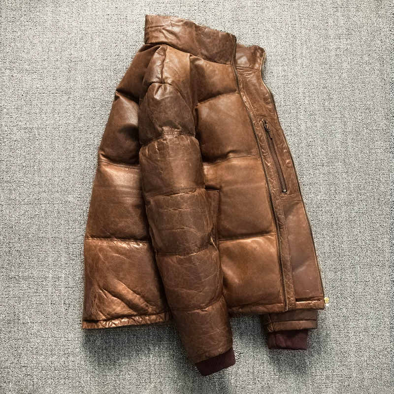Short keep warm universal winter down jacket, genuine leather