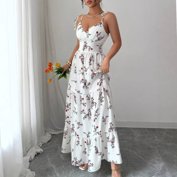Summer New Style V-Neck Slim-Fitting Floral Long Dress Printed Fairy Suspender Dress